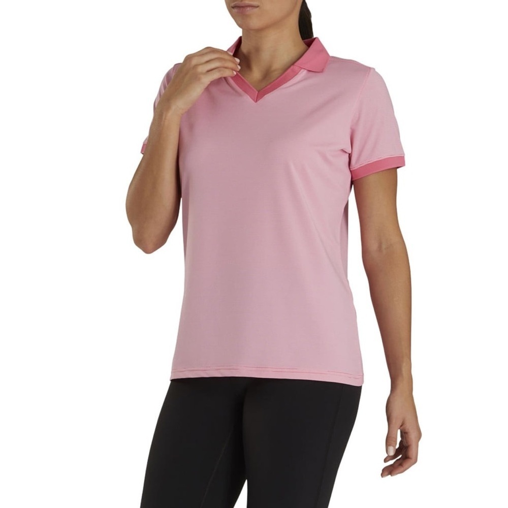 *FOOTJOY* Pink x White End on End Open Collar V-Neck Golf Polo Top Size Med